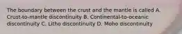 The boundary between the crust and the mantle is called A. Crust-to-mantle discontinuity B. Continental-to-oceanic discontinuity C. Litho discontinuity D. Moho discontinuity