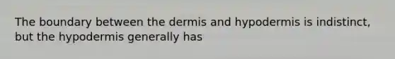 The boundary between <a href='https://www.questionai.com/knowledge/kEsXbG6AwS-the-dermis' class='anchor-knowledge'>the dermis</a> and hypodermis is indistinct, but <a href='https://www.questionai.com/knowledge/ktsCAWWU5U-the-hypodermis' class='anchor-knowledge'>the hypodermis</a> generally has