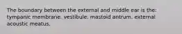 The boundary between the external and middle ear is the: tympanic membrane. vestibule. mastoid antrum. external acoustic meatus.