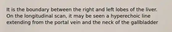 It is the boundary between the right and left lobes of the liver. On the longitudinal scan, it may be seen a hyperechoic line extending from the portal vein and the neck of the gallbladder