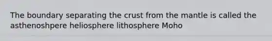 The boundary separating the crust from the mantle is called the asthenoshpere heliosphere lithosphere Moho