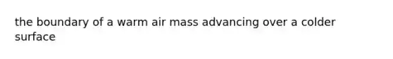 the boundary of a warm air mass advancing over a colder surface