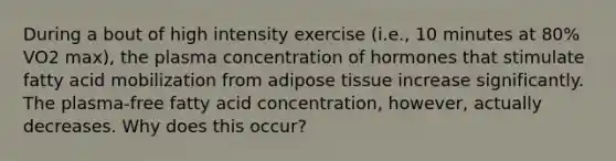 During a bout of high intensity exercise (i.e., 10 minutes at 80% VO2 max), the plasma concentration of hormones that stimulate fatty acid mobilization from adipose tissue increase significantly. The plasma-free fatty acid concentration, however, actually decreases. Why does this occur?