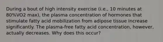 During a bout of high intensity exercise (i.e., 10 minutes at 80%VO2 max), the plasma concentration of hormones that stimulate fatty acid mobilization from adipose tissue increase significantly. The plasma-free fatty acid concentration, however, actually decreases. Why does this occur?