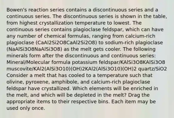 Bowen's reaction series contains a discontinuous series and a continuous series. The discontinuous series is shown in the table, from highest crystallization temperature to lowest. The continuous series contains plagioclase feldspar, which can have any number of chemical formulas, ranging from calcium-rich plagioclase (CaAl2Si2O8CaAl2Si2O8) to sodium-rich plagioclase (NaAlSi3O8NaAlSi3O8) as the melt gets cooler. The following minerals form after the discontinuous and continuous series: Mineral/Molecular formula potassium feldspar/KAlSi3O8KAlSi3O8 muscovite/KAl2(AlSi3O10)(OH)2KAl2(AlSi3O10)(OH)2 quartz/SiO2 Consider a melt that has cooled to a temperature such that olivine, pyroxene, amphibole, and calcium-rich plagioclase feldspar have crystallized. Which elements will be enriched in the melt, and which will be depleted in the melt? Drag the appropriate items to their respective bins. Each item may be used only once.