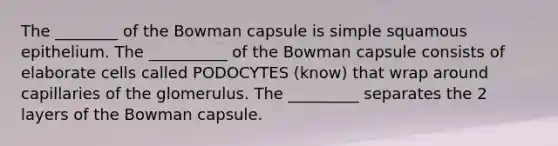 The ________ of the Bowman capsule is simple squamous epithelium. The __________ of the Bowman capsule consists of elaborate cells called PODOCYTES (know) that wrap around capillaries of the glomerulus. The _________ separates the 2 layers of the Bowman capsule.