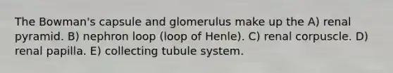 The Bowman's capsule and glomerulus make up the A) renal pyramid. B) nephron loop (loop of Henle). C) renal corpuscle. D) renal papilla. E) collecting tubule system.