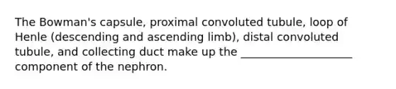 The Bowman's capsule, proximal convoluted tubule, loop of Henle (descending and ascending limb), distal convoluted tubule, and collecting duct make up the ____________________ component of the nephron.