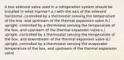 A box solenoid valve used in a refrigeration system should be installed in what manner? a.) with the axis of the solenoid horizontal, controlled by a thermostat sensing the temperature of the box, and upstream of the thermal expansion valve b.) upright, controlled by a thermostat sensing the temperature of the box, and upstream of the thermal expansion valve c.) upright, controlled by a thermostat sensing the temperature of the box, and downstream of the thermal expansion valve d.) upright, controlled by a thermostat sensing the evaporator temperature of the box, and upstream of the thermal expansion valve