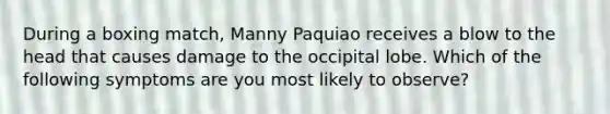 During a boxing match, Manny Paquiao receives a blow to the head that causes damage to the occipital lobe. Which of the following symptoms are you most likely to observe?