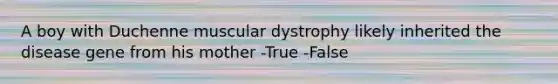 A boy with Duchenne muscular dystrophy likely inherited the disease gene from his mother -True -False