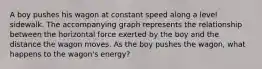 A boy pushes his wagon at constant speed along a level sidewalk. The accompanying graph represents the relationship between the horizontal force exerted by the boy and the distance the wagon moves. As the boy pushes the wagon, what happens to the wagon's energy?