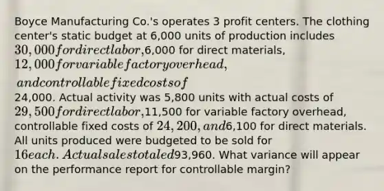 Boyce Manufacturing Co.'s operates 3 profit centers. The clothing center's static budget at 6,000 units of production includes 30,000 for direct labor,6,000 for direct materials, 12,000 for variable factory overhead, and controllable fixed costs of24,000. Actual activity was 5,800 units with actual costs of 29,500 for direct labor,11,500 for variable factory overhead, controllable fixed costs of 24,200, and6,100 for direct materials. All units produced were budgeted to be sold for 16 each. Actual sales totaled93,960. What variance will appear on the performance report for controllable margin?