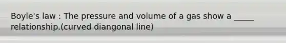 <a href='https://www.questionai.com/knowledge/kdvBalZ1bx-boyles-law' class='anchor-knowledge'>boyle's law</a> : The pressure and volume of a gas show a _____ relationship.(curved diangonal line)