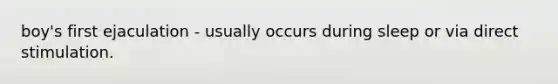 boy's first ejaculation - usually occurs during sleep or via direct stimulation.