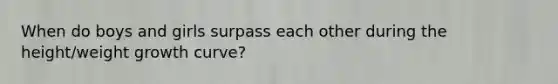 When do boys and girls surpass each other during the height/weight growth curve?