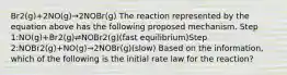 Br2(g)+2NO(g)→2NOBr(g) The reaction represented by the equation above has the following proposed mechanism. Step 1:NO(g)+Br2(g)⇌NOBr2(g)(fast equilibrium)Step 2:NOBr2(g)+NO(g)→2NOBr(g)(slow) Based on the information, which of the following is the initial rate law for the reaction?