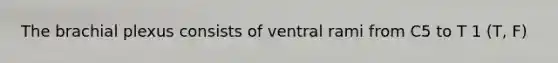 The brachial plexus consists of ventral rami from C5 to T 1 (T, F)