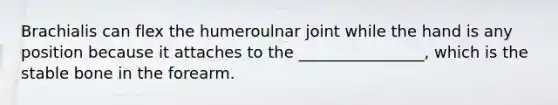 Brachialis can flex the humeroulnar joint while the hand is any position because it attaches to the ________________, which is the stable bone in the forearm.