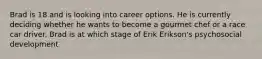 Brad is 18 and is looking into career options. He is currently deciding whether he wants to become a gourmet chef or a race car driver. Brad is at which stage of Erik Erikson's psychosocial development