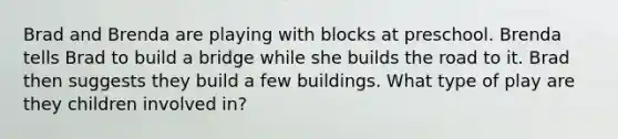 Brad and Brenda are playing with blocks at preschool. Brenda tells Brad to build a bridge while she builds the road to it. Brad then suggests they build a few buildings. What type of play are they children involved in?