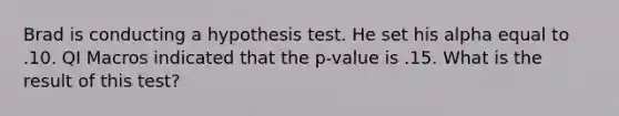 Brad is conducting a hypothesis test. He set his alpha equal to .10. QI Macros indicated that the p-value is .15. What is the result of this test?