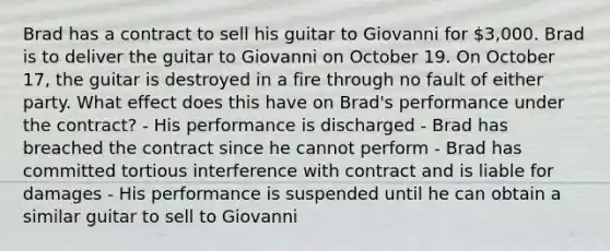 Brad has a contract to sell his guitar to Giovanni for 3,000. Brad is to deliver the guitar to Giovanni on October 19. On October 17, the guitar is destroyed in a fire through no fault of either party. What effect does this have on Brad's performance under the contract? - His performance is discharged - Brad has breached the contract since he cannot perform - Brad has committed tortious interference with contract and is liable for damages - His performance is suspended until he can obtain a similar guitar to sell to Giovanni