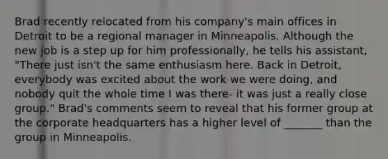 Brad recently relocated from his company's main offices in Detroit to be a regional manager in Minneapolis. Although the new job is a step up for him professionally, he tells his assistant, "There just isn't the same enthusiasm here. Back in Detroit, everybody was excited about the work we were doing, and nobody quit the whole time I was there- it was just a really close group." Brad's comments seem to reveal that his former group at the corporate headquarters has a higher level of _______ than the group in Minneapolis.