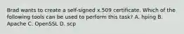 Brad wants to create a self-signed x.509 certificate. Which of the following tools can be used to perform this task? A. hping B. Apache C. OpenSSL D. scp