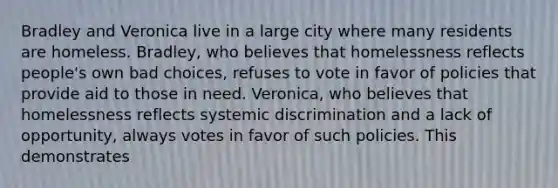 Bradley and Veronica live in a large city where many residents are homeless. Bradley, who believes that homelessness reflects people's own bad choices, refuses to vote in favor of policies that provide aid to those in need. Veronica, who believes that homelessness reflects systemic discrimination and a lack of opportunity, always votes in favor of such policies. This demonstrates