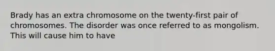 Brady has an extra chromosome on the twenty-first pair of chromosomes. The disorder was once referred to as mongolism. This will cause him to have