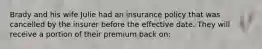 Brady and his wife Julie had an insurance policy that was cancelled by the insurer before the effective date. They will receive a portion of their premium back on: