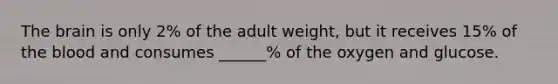 The brain is only 2% of the adult weight, but it receives 15% of the blood and consumes ______% of the oxygen and glucose.