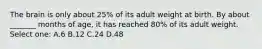 The brain is only about 25% of its adult weight at birth. By about _______ months of age, it has reached 80% of its adult weight. Select one: A.6 B.12 C.24 D.48