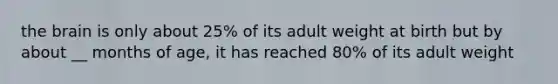 the brain is only about 25% of its adult weight at birth but by about __ months of age, it has reached 80% of its adult weight