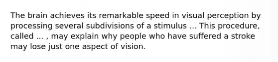 The brain achieves its remarkable speed in visual perception by processing several subdivisions of a stimulus ... This procedure, called ... , may explain why people who have suffered a stroke may lose just one aspect of vision.