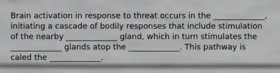 Brain activation in response to threat occurs in the _____________, initiating a cascade of bodily responses that include stimulation of the nearby _____________ gland, which in turn stimulates the _____________ glands atop the _____________. This pathway is caled the _____________.