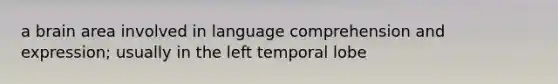 a brain area involved in language comprehension and expression; usually in the left temporal lobe