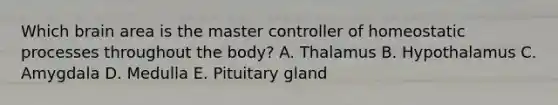 Which brain area is the master controller of homeostatic processes throughout the body? A. Thalamus B. Hypothalamus C. Amygdala D. Medulla E. Pituitary gland