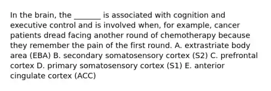 In the brain, the _______ is associated with cognition and executive control and is involved when, for example, cancer patients dread facing another round of chemotherapy because they remember the pain of the first round. A. extrastriate body area (EBA) B. secondary somatosensory cortex (S2) C. prefrontal cortex D. primary somatosensory cortex (S1) E. anterior cingulate cortex (ACC)