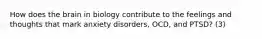 How does the brain in biology contribute to the feelings and thoughts that mark anxiety disorders, OCD, and PTSD? (3)