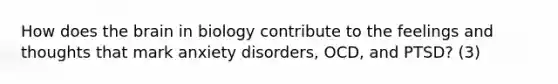 How does <a href='https://www.questionai.com/knowledge/kLMtJeqKp6-the-brain' class='anchor-knowledge'>the brain</a> in biology contribute to the feelings and thoughts that mark anxiety disorders, OCD, and PTSD? (3)