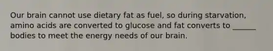 Our brain cannot use dietary fat as fuel, so during starvation, amino acids are converted to glucose and fat converts to ______ bodies to meet the energy needs of our brain.