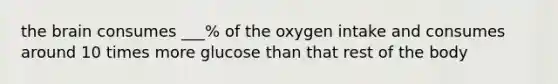 the brain consumes ___% of the oxygen intake and consumes around 10 times more glucose than that rest of the body