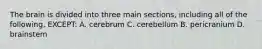 The brain is divided into three main sections, including all of the following, EXCEPT: A. cerebrum C. cerebellum B. pericranium D. brainstem