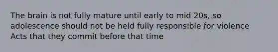 The brain is not fully mature until early to mid 20s, so adolescence should not be held fully responsible for violence Acts that they commit before that time