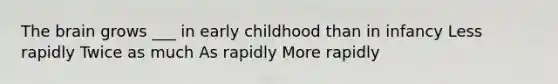 The brain grows ___ in early childhood than in infancy Less rapidly Twice as much As rapidly More rapidly