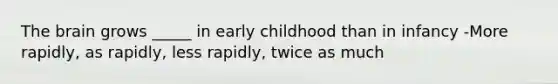 <a href='https://www.questionai.com/knowledge/kLMtJeqKp6-the-brain' class='anchor-knowledge'>the brain</a> grows _____ in early childhood than in infancy -More rapidly, as rapidly, less rapidly, twice as much