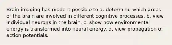 Brain imaging has made it possible to a. determine which areas of the brain are involved in different cognitive processes. b. view individual neurons in the brain. c. show how environmental energy is transformed into neural energy. d. view propagation of action potentials.