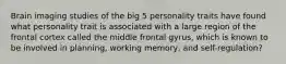 Brain imaging studies of the big 5 personality traits have found what personality trait is associated with a large region of the frontal cortex called the middle frontal gyrus, which is known to be involved in planning, working memory, and self-regulation?